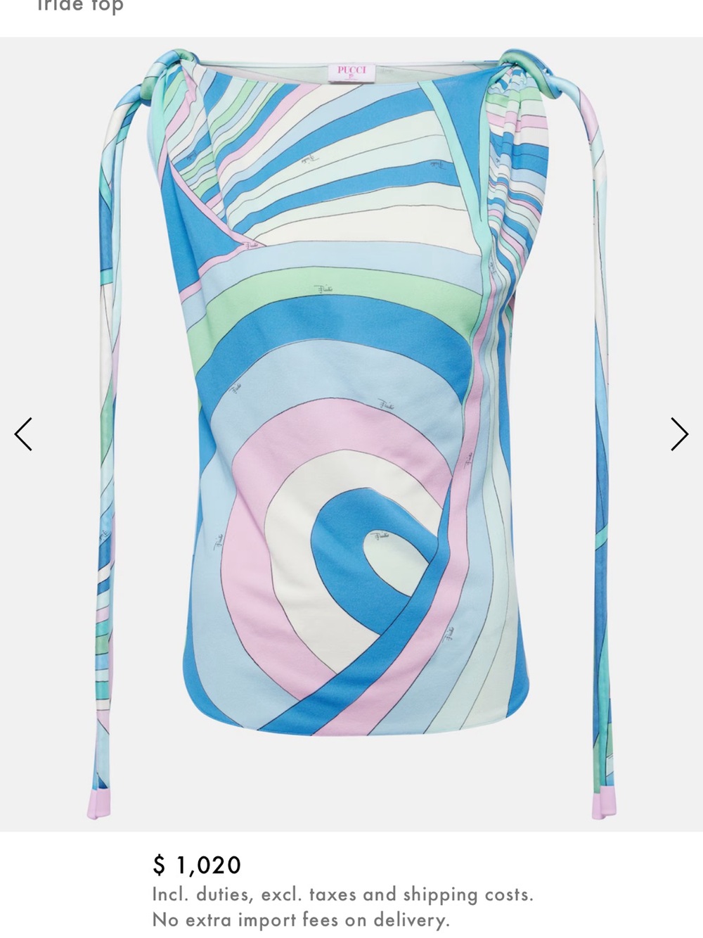 Emilio Pucci Pastel Blue Pink Green Spiral Silk Tie-Shoulder Top